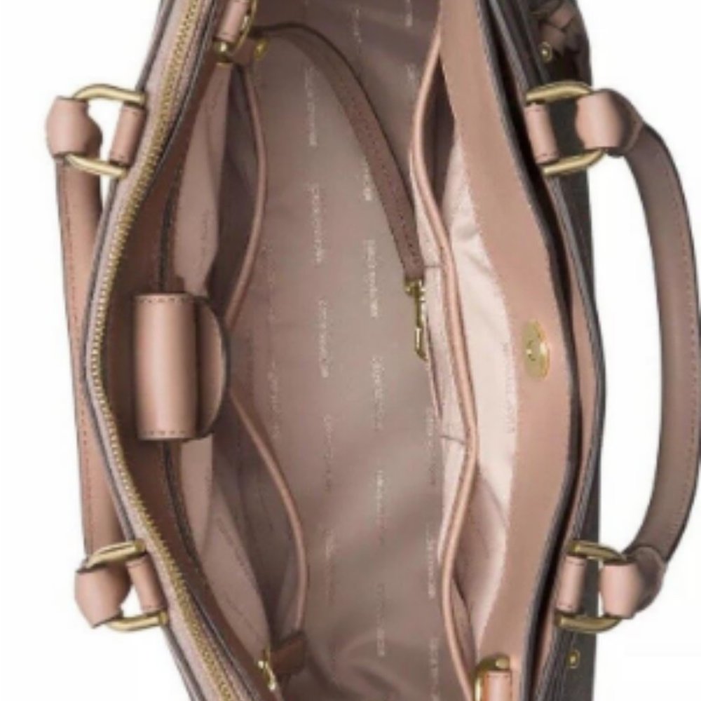 Michael Kors Reagan Large Satchel Signature Brown Soft Pink Fawn Coated Twill - Picture 11 of 11